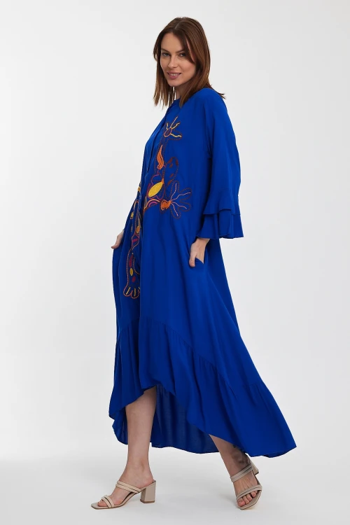 Maxi Boy Saks Hakim Yaka Nakış İşlemeli Uzun Boy Dokuma Gömlek Elbise BCVL-248140