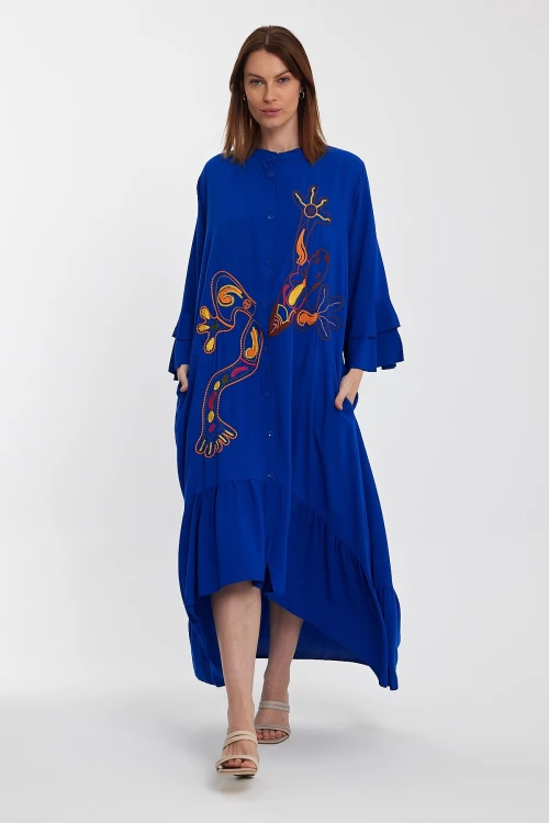 Maxi Boy Saks Hakim Yaka Nakış İşlemeli Uzun Boy Dokuma Gömlek Elbise BCVL-248140