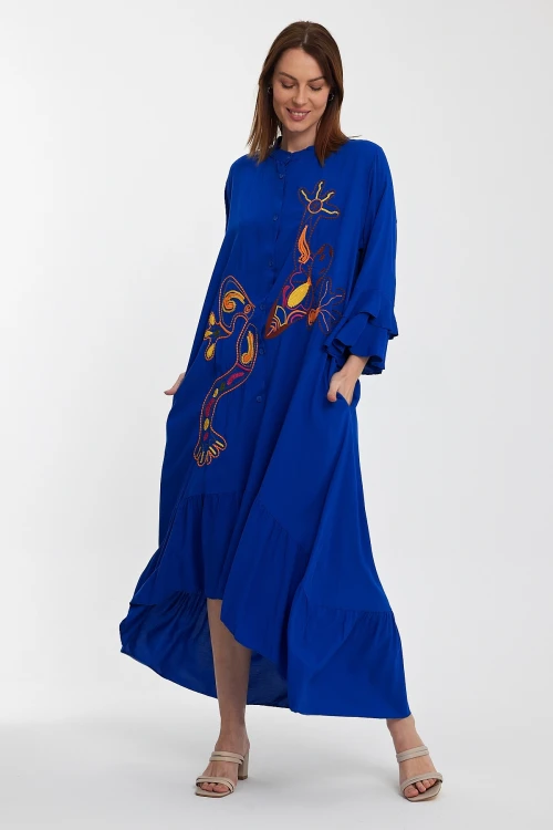 Maxi Boy Saks Hakim Yaka Nakış İşlemeli Uzun Boy Dokuma Gömlek Elbise BCVL-248140