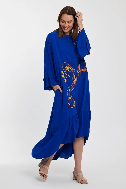 Maxi Boy Saks Hakim Yaka Nakış İşlemeli Uzun Boy Dokuma Gömlek Elbise BCVL-248140