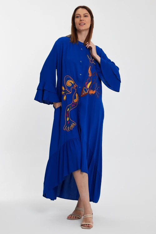 Maxi Boy Saks Hakim Yaka Nakış İşlemeli Uzun Boy Dokuma Gömlek Elbise BCVL-248140