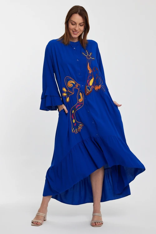 Maxi Boy Saks Hakim Yaka Nakış İşlemeli Uzun Boy Dokuma Gömlek Elbise BCVL-248140