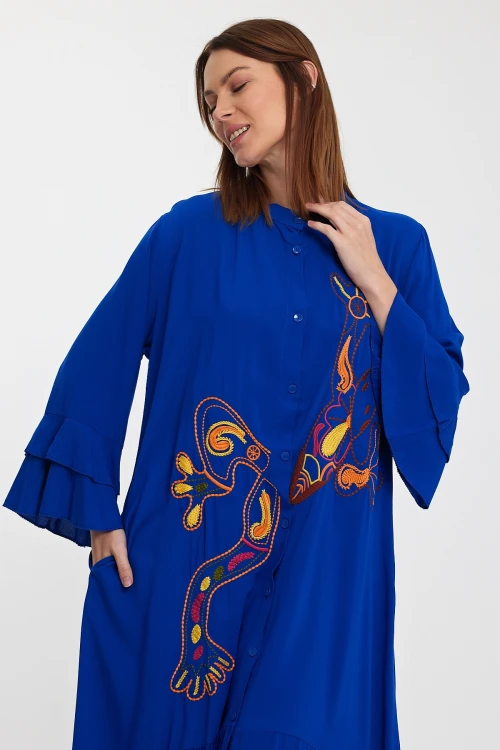 Maxi Boy Saks Hakim Yaka Nakış İşlemeli Uzun Boy Dokuma Gömlek Elbise BCVL-248140