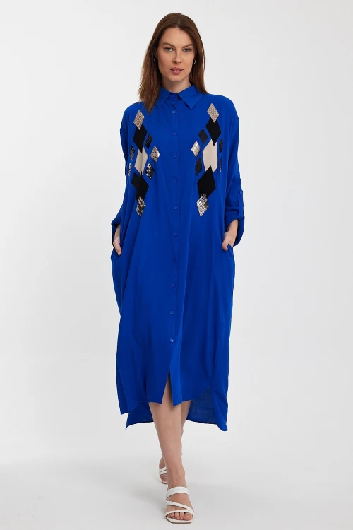 Maxi Boy Saks Payet İşlemeli Uzun Boy Dokuma Gömlek Elbise BCVL-24943