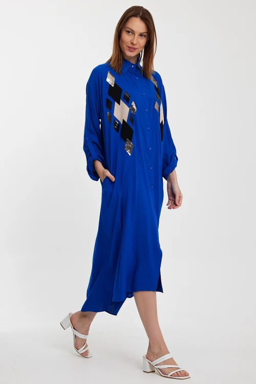 Maxi Boy Saks Payet İşlemeli Uzun Boy Dokuma Gömlek Elbise BCVL-24943