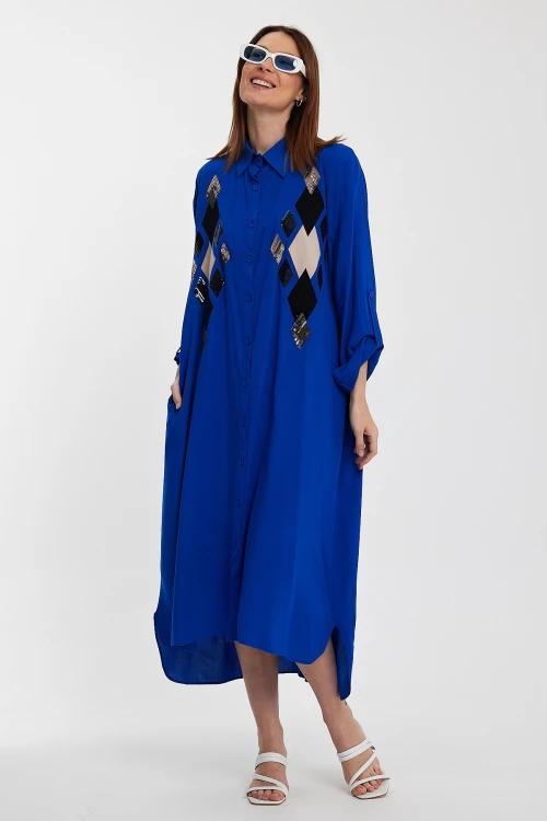 Maxi Boy Saks Payet İşlemeli Uzun Boy Dokuma Gömlek Elbise BCVL-24943