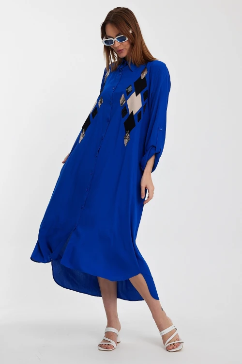 Maxi Boy Saks Payet İşlemeli Uzun Boy Dokuma Gömlek Elbise BCVL-24943