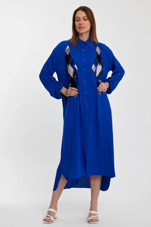 Maxi Boy Saks Payet İşlemeli Uzun Boy Dokuma Gömlek Elbise BCVL-24943