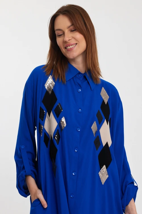 Maxi Boy Saks Payet İşlemeli Uzun Boy Dokuma Gömlek Elbise BCVL-24943