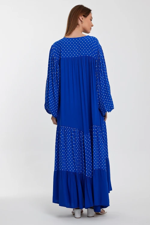 Maxi Boy Saks Puantiye Renk Bloklu Kat Kat Volanlı Dokuma Gömlek Elbise BCVL-24944