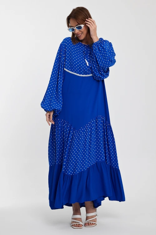 Maxi Boy Saks Puantiye Renk Bloklu Kat Kat Volanlı Dokuma Gömlek Elbise BCVL-24944