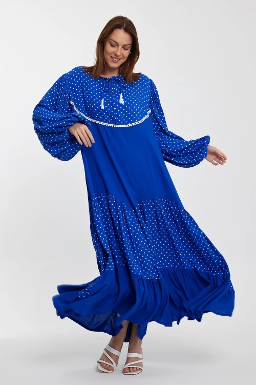 Maxi Boy Saks Puantiye Renk Bloklu Kat Kat Volanlı Dokuma Gömlek Elbise BCVL-24944