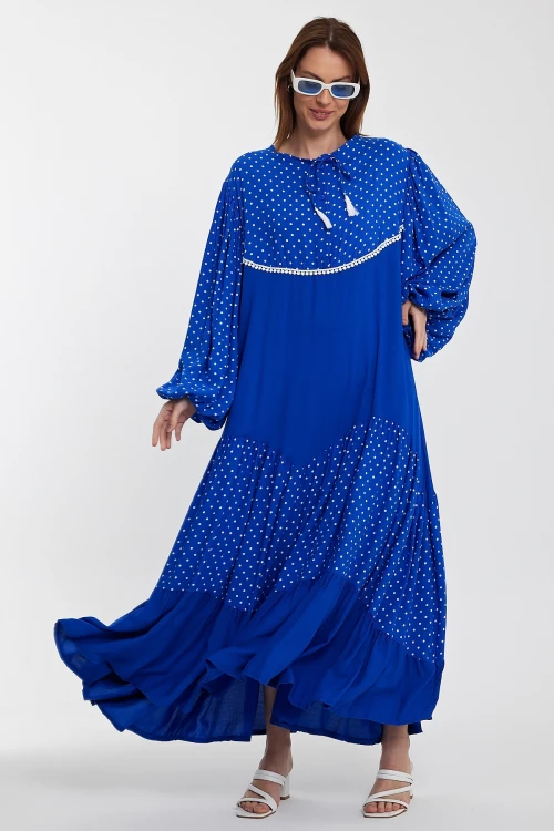 Maxi Boy Saks Puantiye Renk Bloklu Kat Kat Volanlı Dokuma Gömlek Elbise BCVL-24944