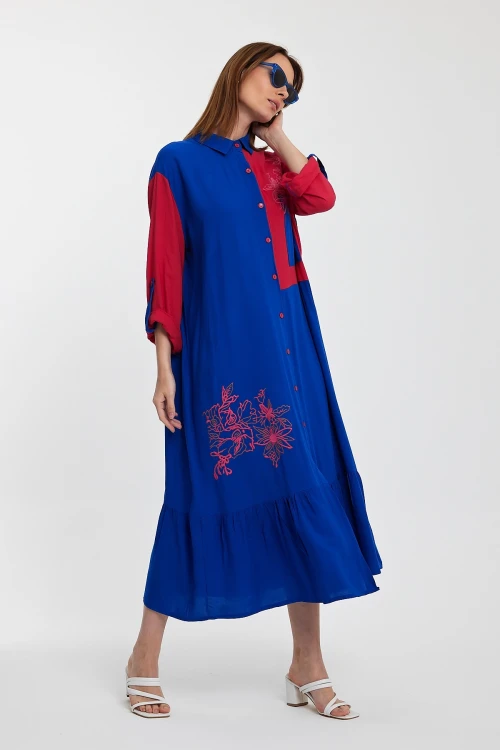 Maxi Boy Saks Renk Bloklu Nakış İşlemeli Uzun Boy Dokuma Gömlek Elbise BCVL-241000