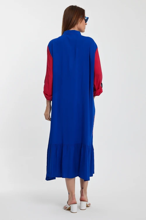 Maxi Boy Saks Renk Bloklu Nakış İşlemeli Uzun Boy Dokuma Gömlek Elbise BCVL-241000