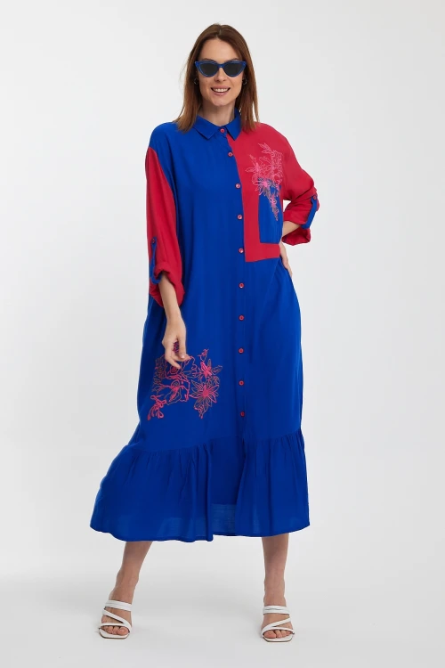 Maxi Boy Saks Renk Bloklu Nakış İşlemeli Uzun Boy Dokuma Gömlek Elbise BCVL-241000