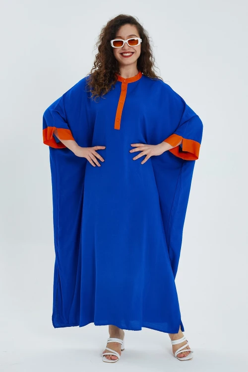 Maxi Boy Saks Renk Bloklu Uzun Boy Salaş Dokuma Elbise BCVL-24949