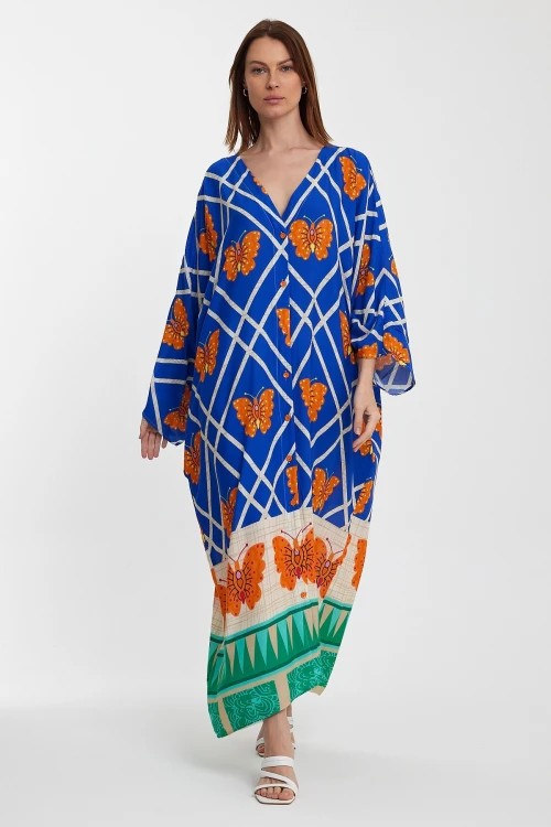 Maxi Boy Saks V Yaka Çiçek Desenli Uzun Boy Dokuma Gömlek Elbise BCVL-241032