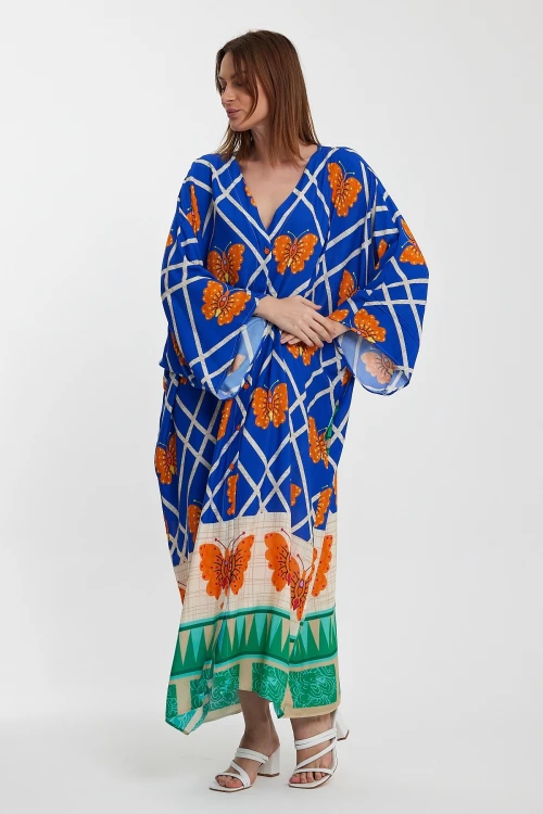 Maxi Boy Saks V Yaka Çiçek Desenli Uzun Boy Dokuma Gömlek Elbise BCVL-241032