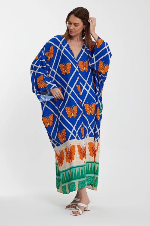 Maxi Boy Saks V Yaka Çiçek Desenli Uzun Boy Dokuma Gömlek Elbise BCVL-241032