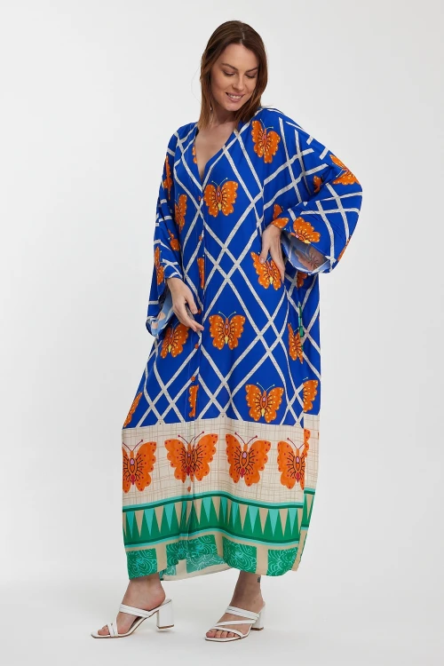 Maxi Boy Saks V Yaka Çiçek Desenli Uzun Boy Dokuma Gömlek Elbise BCVL-241032