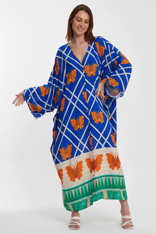 Maxi Boy Saks V Yaka Çiçek Desenli Uzun Boy Dokuma Gömlek Elbise BCVL-241032