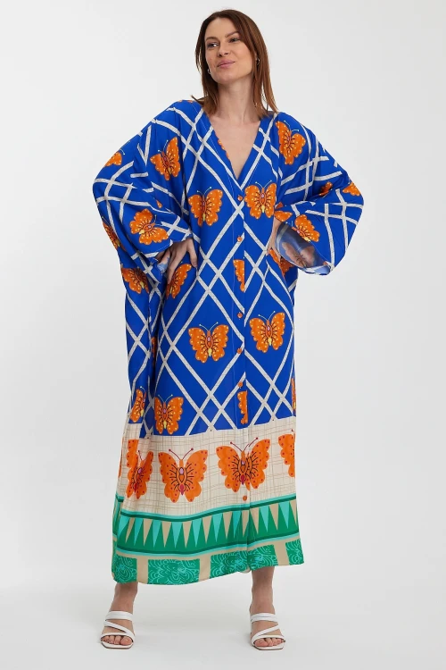 Maxi Boy Saks V Yaka Çiçek Desenli Uzun Boy Dokuma Gömlek Elbise BCVL-241032