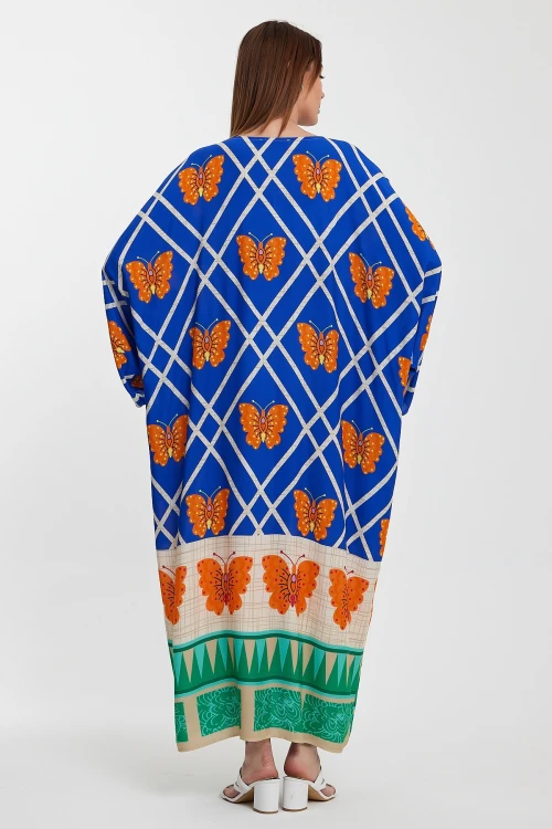 Maxi Boy Saks V Yaka Çiçek Desenli Uzun Boy Dokuma Gömlek Elbise BCVL-241032