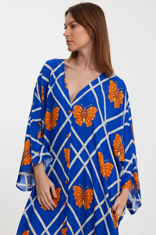 Maxi Boy Saks V Yaka Çiçek Desenli Uzun Boy Dokuma Gömlek Elbise BCVL-241032