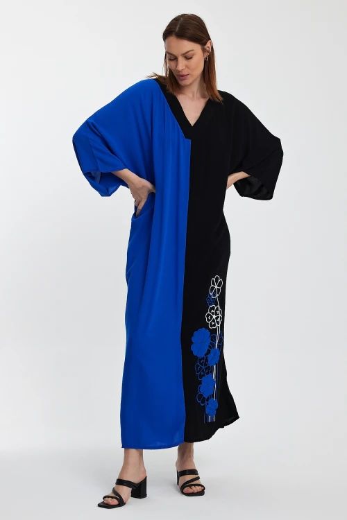 Maxi Boy Saks V Yaka Nakış İşlemeli Renk Bloklu Uzun Boy Gömlek Elbise BCVL-24958