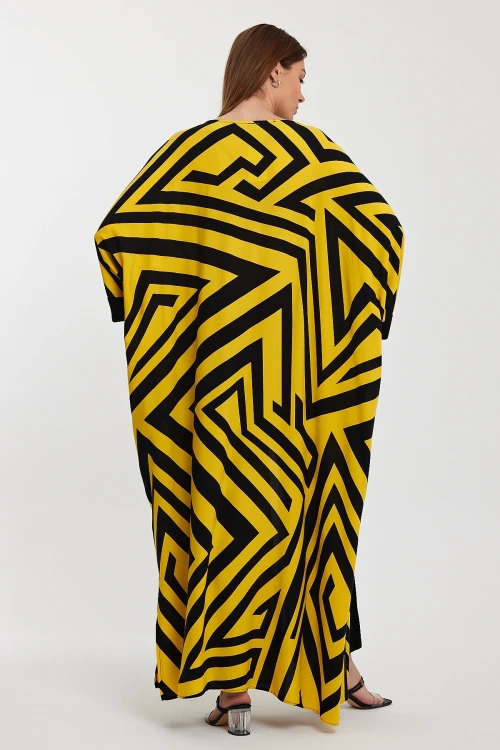 Maxi Boy Sarı Geometrik Desenli Pantolon Ve Uzun Kimono Ceket Alt Üst Takım BCVL-241015