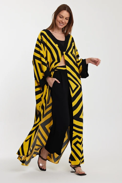 Maxi Boy Sarı Geometrik Desenli Pantolon Ve Uzun Kimono Ceket Alt Üst Takım BCVL-241015