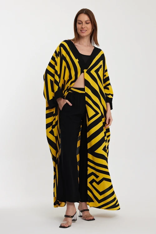 Maxi Boy Sarı Geometrik Desenli Pantolon Ve Uzun Kimono Ceket Alt Üst Takım BCVL-241015
