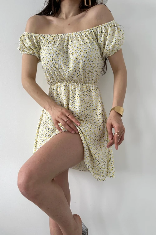 Sarı Madonna Yaka Çiçek Desenli Krinkıl Elbise BCDF-234603