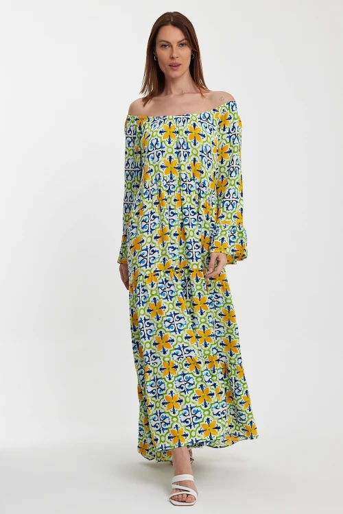 Maxi Boy Sarı Mavi Düşük Omuz Lastikli Desenli Rahat Kesim Uzun Boy Dokuma Elbise BCVL-242251