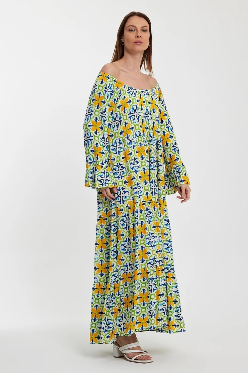 Maxi Boy Sarı Mavi Düşük Omuz Lastikli Desenli Rahat Kesim Uzun Boy Dokuma Elbise BCVL-242251