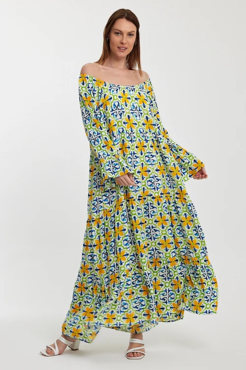 Maxi Boy Sarı Mavi Düşük Omuz Lastikli Desenli Rahat Kesim Uzun Boy Dokuma Elbise BCVL-242251