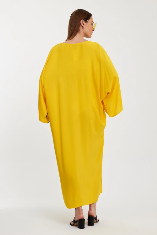 Maxi Boy Sarı Nakış İşlemeli Renk Bloklu Uzun Boy Dokuma Elbise BCVL-241016