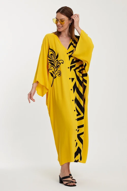 Maxi Boy Sarı Nakış İşlemeli Renk Bloklu Uzun Boy Dokuma Elbise BCVL-241016