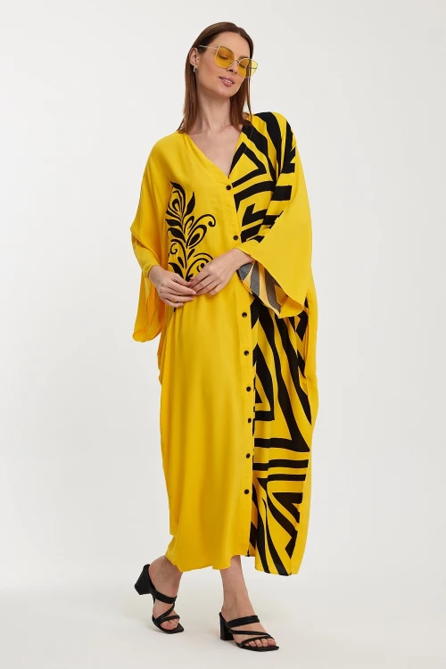 Maxi Boy Sarı Nakış İşlemeli Renk Bloklu Uzun Boy Dokuma Elbise BCVL-241016