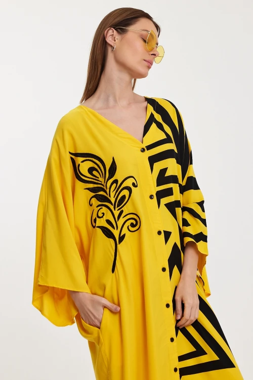 Maxi Boy Sarı Nakış İşlemeli Renk Bloklu Uzun Boy Dokuma Elbise BCVL-241016