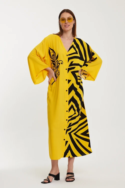 Maxi Boy Sarı Nakış İşlemeli Renk Bloklu Uzun Boy Dokuma Elbise BCVL-241016