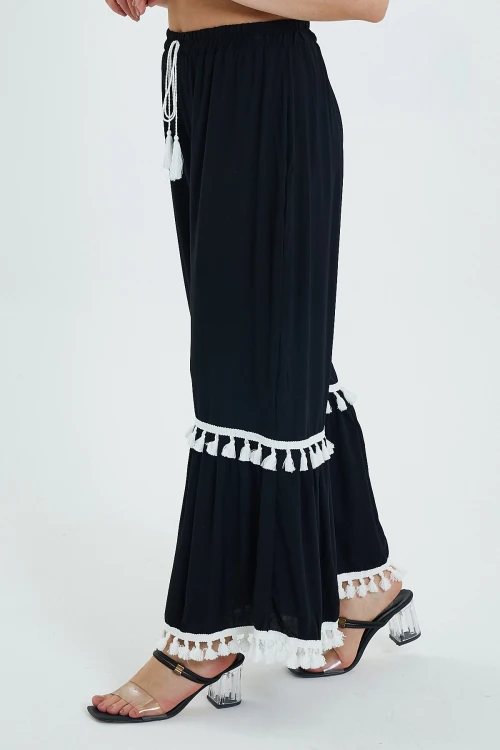 Maxi Boy Siyah Beli Lastikli Püskül Detaylı Rahat Kalıp Dokuma Pantolon BCVL-24924