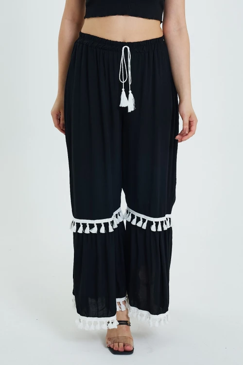 Maxi Boy Siyah Beli Lastikli Püskül Detaylı Rahat Kalıp Dokuma Pantolon BCVL-24924