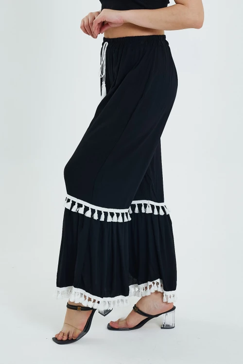 Maxi Boy Siyah Beli Lastikli Püskül Detaylı Rahat Kalıp Dokuma Pantolon BCVL-24924