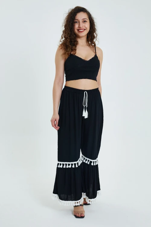 Maxi Boy Siyah Beli Lastikli Püskül Detaylı Rahat Kalıp Dokuma Pantolon BCVL-24924