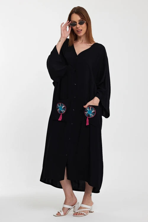 Maxi Boy Siyah Çift Cepli Nakış İşlemeli Uzun Salaş Dokuma Gömlek Elbise BCVL-24948