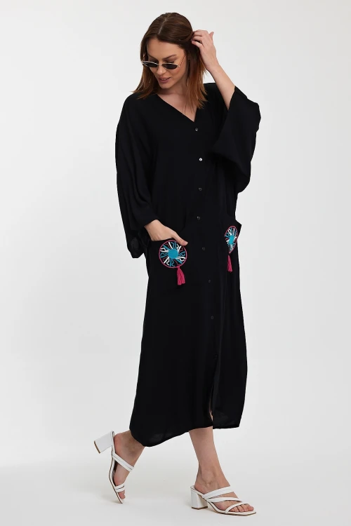 Maxi Boy Siyah Çift Cepli Nakış İşlemeli Uzun Salaş Dokuma Gömlek Elbise BCVL-24948