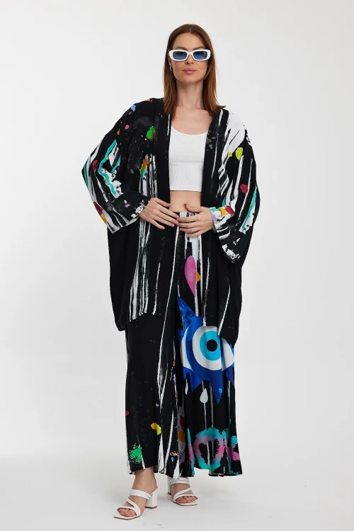 Maxi Boy Siyah Desenli Pantolon Ve Uzun Kimono Dokuma Alt Üst Takım BCVL-24976