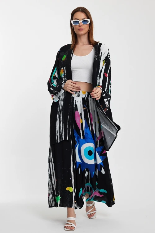 Maxi Boy Siyah Desenli Pantolon Ve Uzun Kimono Dokuma Alt Üst Takım BCVL-24976